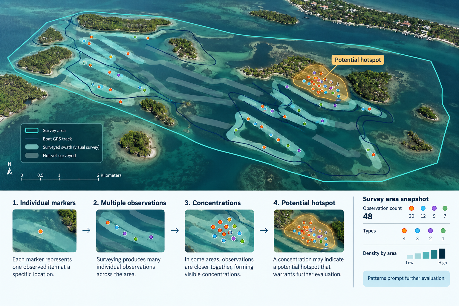 Same conceptual survey area, now showing how multiple observations across the surveyed area begin revealing spatial patterns: individual markers → multiple observations → concentrations/clusters → a potential hotspot. Shows observation counts, types, density by area, and concentrations. Patterns identify areas that may deserve further evaluation — not every cluster is automatically an environmental problem.