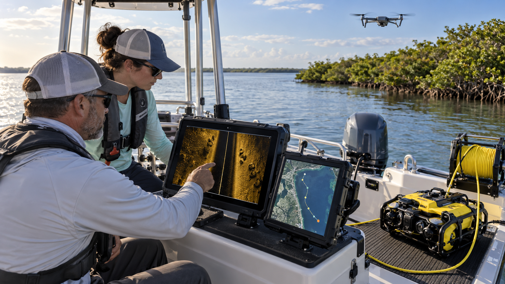 Two SCWS researchers aboard the survey boat reviewing sonar data while a drone surveys overhead and an ROV stands ready on deck — the full suite of technology committed to the mission