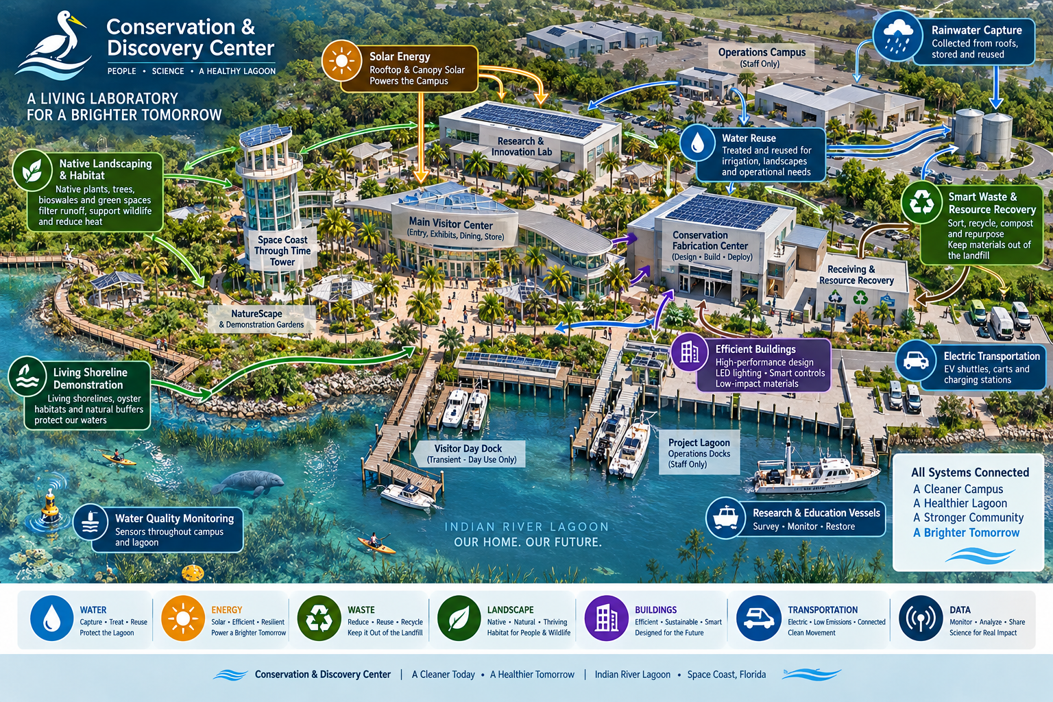 Isometric campus systems infographic for the Conservation & Discovery Center showing interconnected water, energy, waste, landscape, buildings, transportation, and data systems working together as one connected living laboratory.