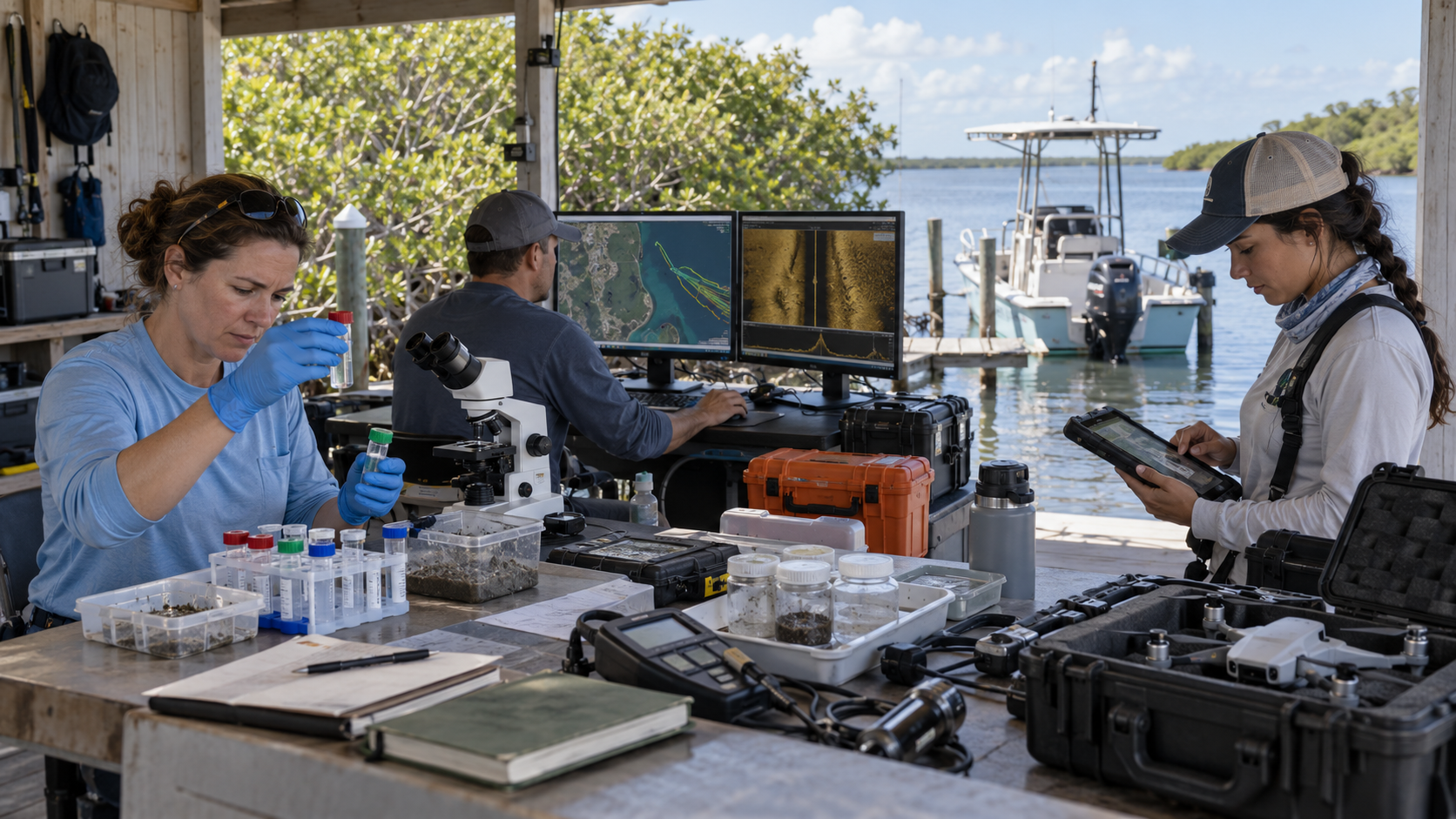 Three field researchers working in an open-air dock station — one analyzing water samples under a microscope, another reviewing sonar and satellite maps on dual monitors, and a third studying data on a rugged tablet beside a drone in its case