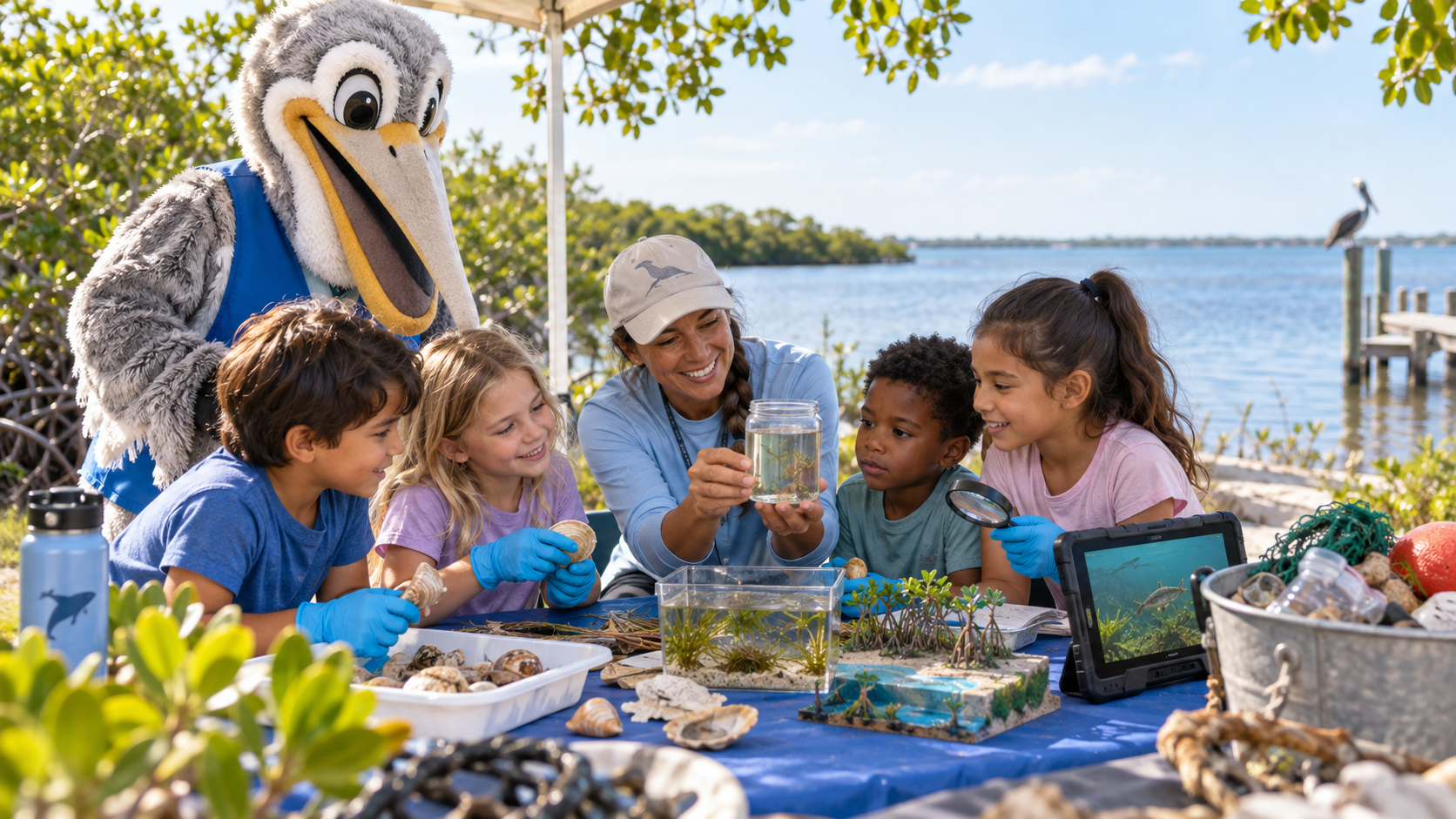 A pelican mascot and a female instructor guiding four children through a hands-on outdoor aquatic science activity at a waterfront table — examining shells, water samples, a mangrove model, and a tablet showing an underwater fish