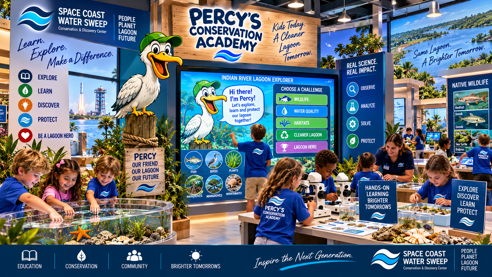 Conceptual Percy's Conservation Academy experience with children interacting with a friendly digital Percy conservation guide on a large touchscreen while participating in Indian River Lagoon learning challenges and hands-on STEM activities.