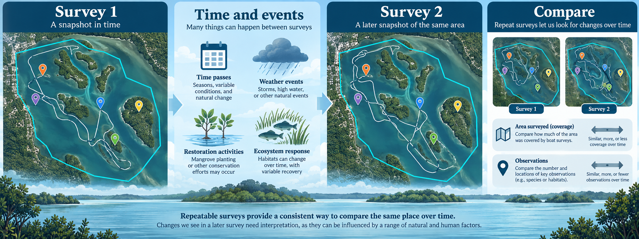 Same conceptual survey area revisited: Survey 1 (defined area + tracks + observations) → action/time passes (removal, restoration, storms, or a period) → Survey 2 (same area surveyed again) → Compare. Shows that a repeatable survey program is more valuable than a single pass. Comparison and trend information — not causation claims.