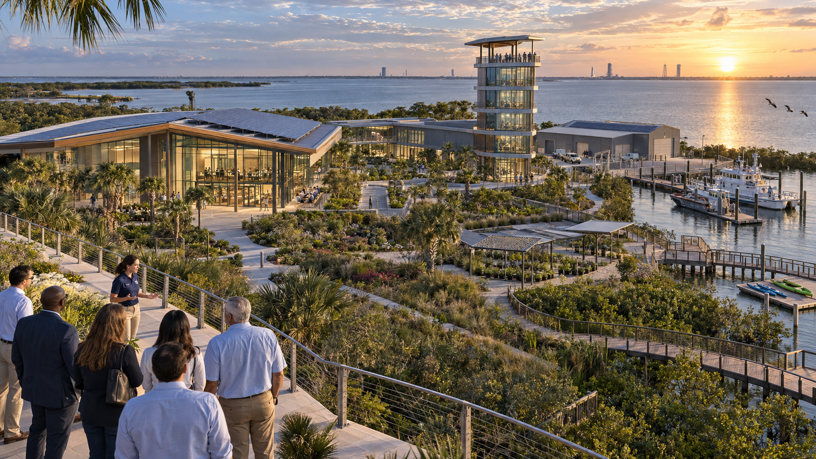 Golden-hour view of a modern glass-walled coastal research and education campus with an observation tower, landscaped grounds, and a docked research vessel
