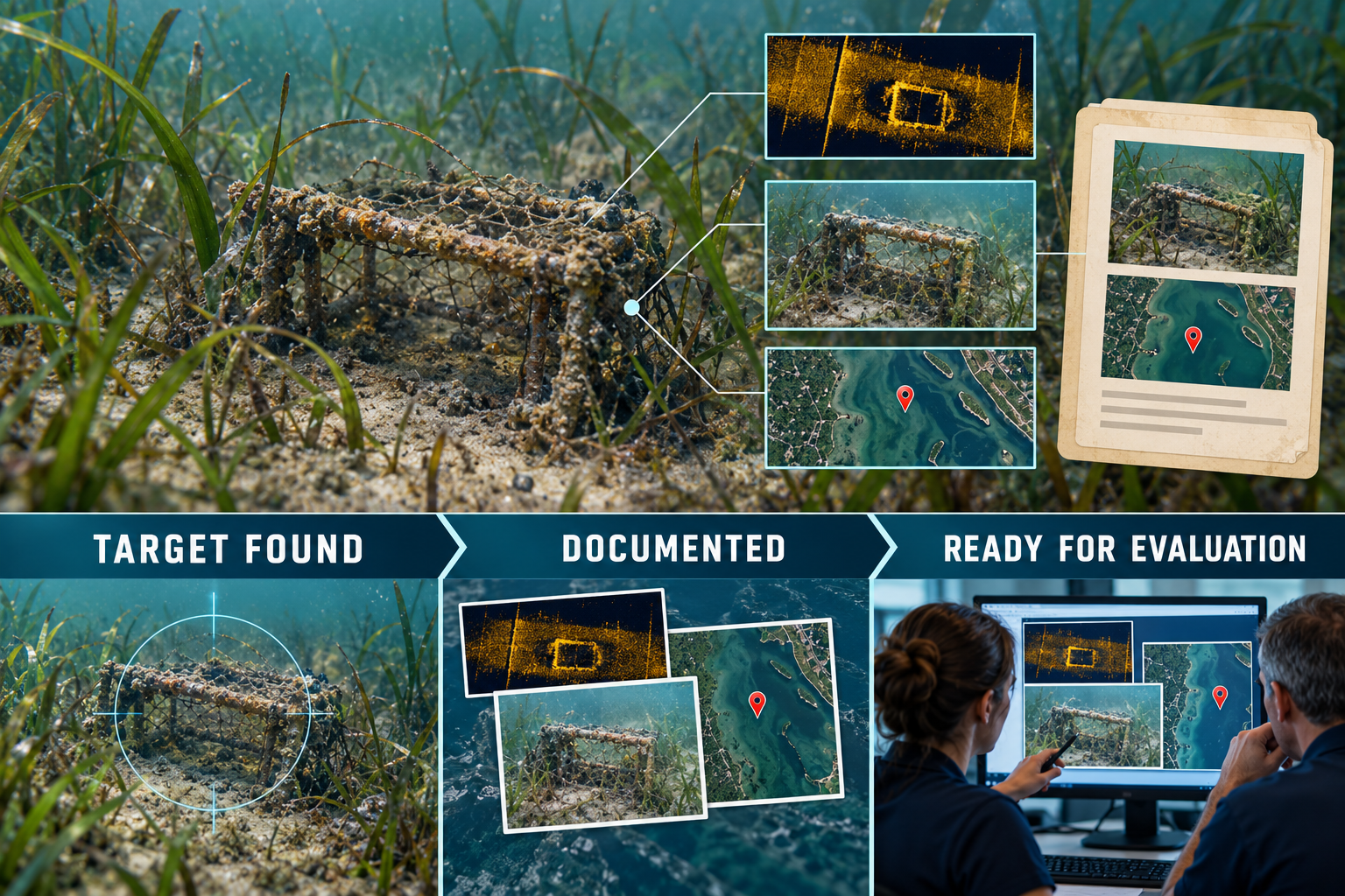 A documented underwater target in the Indian River Lagoon that has already been detected, located, mapped, and recorded — the same conceptual submerged target that will develop across this chapter. The target is now entering evaluation. Shows: TARGET FOUND → DOCUMENTED → READY FOR EVALUATION. No recovery shown.