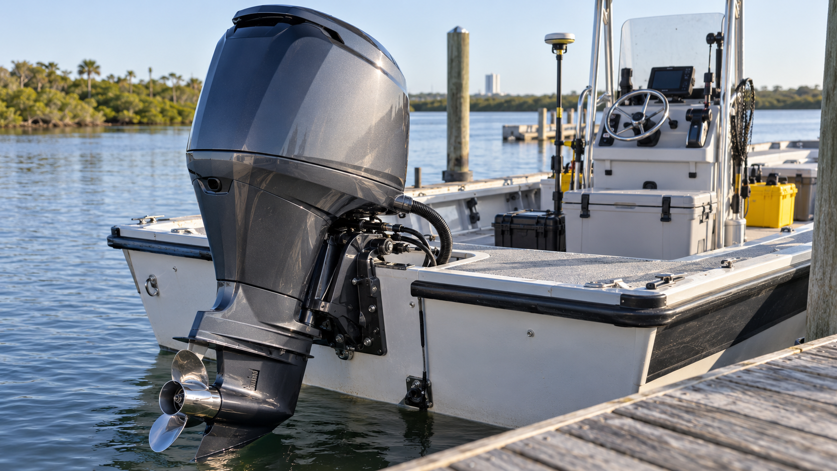 Stern of the Project Lagoon boat showing the outboard motor, GNSS receiver antenna, and equipment at a wooden pier