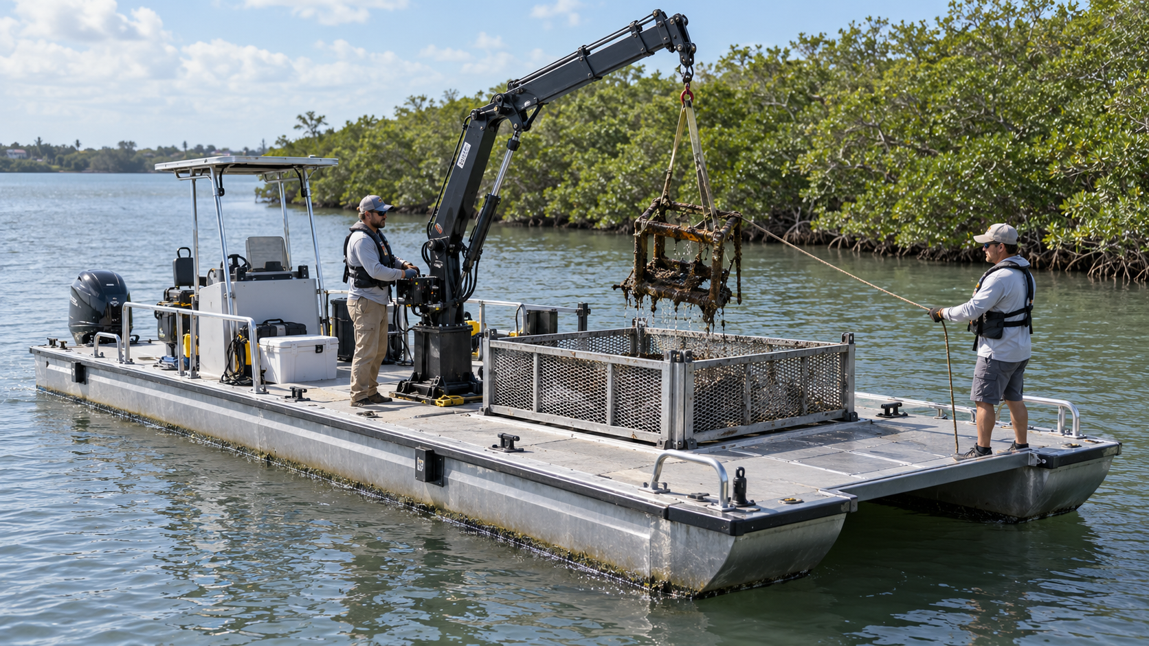Flat-deck aluminum pontoon work boat with hydraulic crane lifting a submerged metal frame from coastal waters near mangrove shoreline