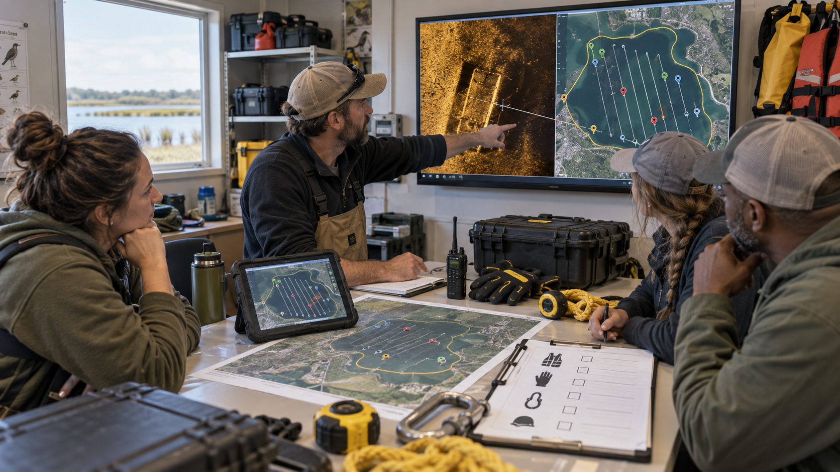 SCWS operations team reviewing sonar images, maps and recovery requirements on a large screen before authorizing fieldwork