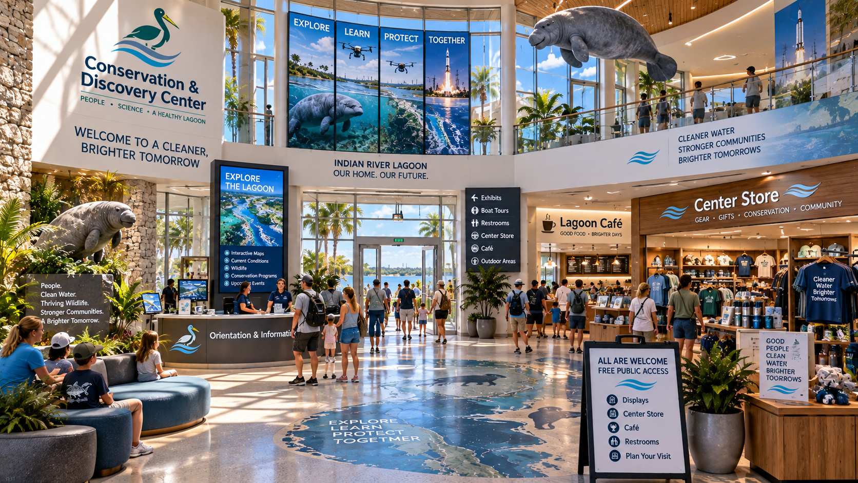 Free public arrival zone and main lobby of the Conservation & Discovery Center, with the orientation desk, Explore Learn Protect Together feature wall, Lagoon Café, Center Store, wayfinding signage, and a terrazzo floor inlaid with a blue Indian River Lagoon map.