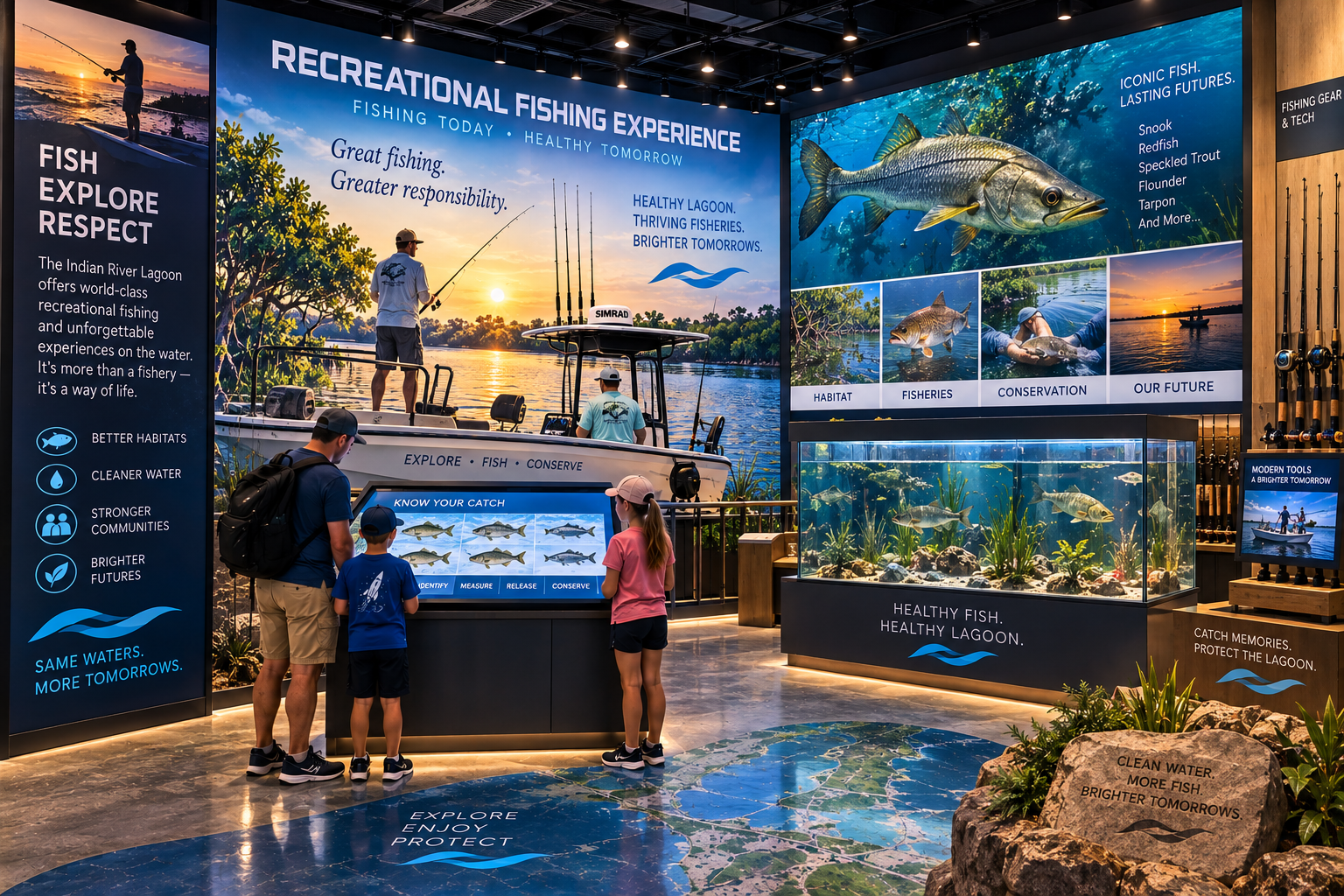 Interactive recreational fishing experience where visitors explore native Lagoon fish such as snook, redfish and spotted seatrout using a large realistic underwater digital habitat display explaining ecology, habitat and fishing culture.