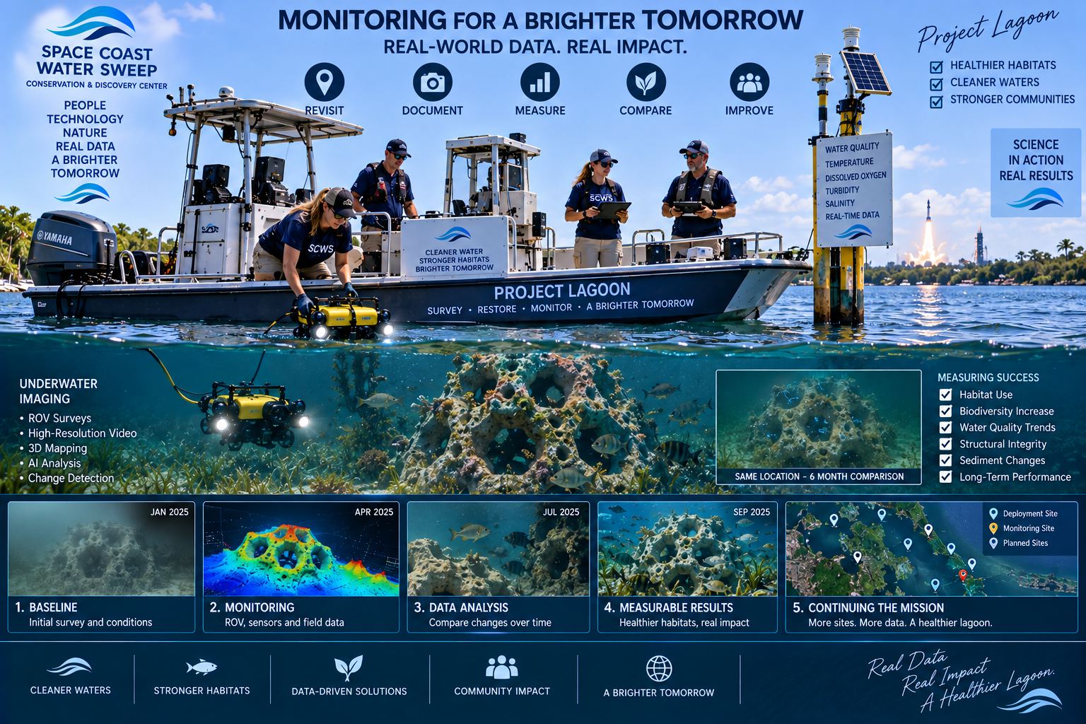 Monitoring for a Brighter Tomorrow exhibition hall poster titled 'Real-World Data. Real Impact.' showing a Project Lagoon boat with SCWS crew operating a yellow ROV and a yellow water-quality sensor pole, an underwater section, a submerged artificial reef, and a five-panel process timeline.