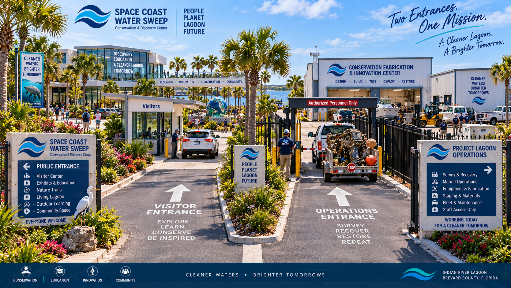 Conceptual dual-entrance campus gateway showing a welcoming landscaped public visitor entrance with directional signage to the visitor center, exhibits, nature trails, and living lagoon on the left, and a secured Project Lagoon operations entrance with directional signage to survey and recovery, marine operations, equipment and fabrication, and staff access only on the right.