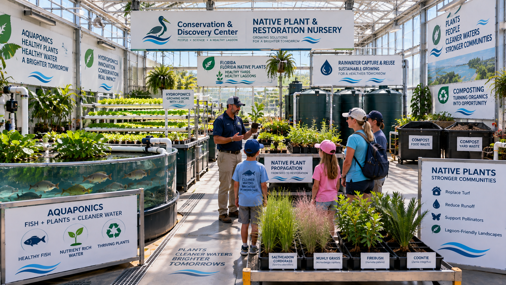 Interior of the Native Plant & Restoration Nursery showing responsible growing methods in action — aquaponics, hydroponics, rainwater capture, composting, and native plant propagation with visitors being guided by staff.