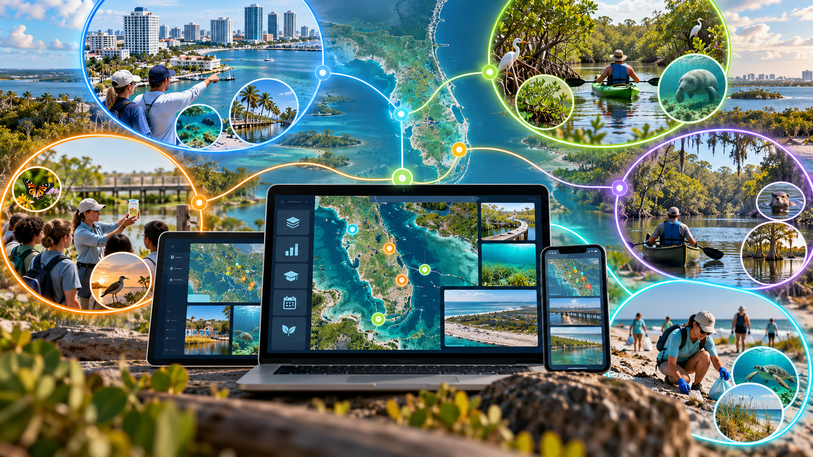 Multi-device shared platform collage — a laptop, tablet, and smartphone arranged on a rocky outdoor surface over a Florida coastal map, each displaying a responsive conservation dashboard with a dark sidebar, satellite map with color-coded pins, and landscape thumbnail grids. Glowing colored lines connect the devices to surrounding circular vignettes: a coastal city skyline with a palm-lined shore, a kayaker in a mangrove tunnel with a manatee and egrets, students studying nature at sunset with a butterfly and wading bird, a canoeist in a cypress river with an otter, and volunteers on a beach cleanup with a sea turtle and coastal vegetation. Illustrates how one shared conservation platform works across devices and connects many different people, places, and actions.