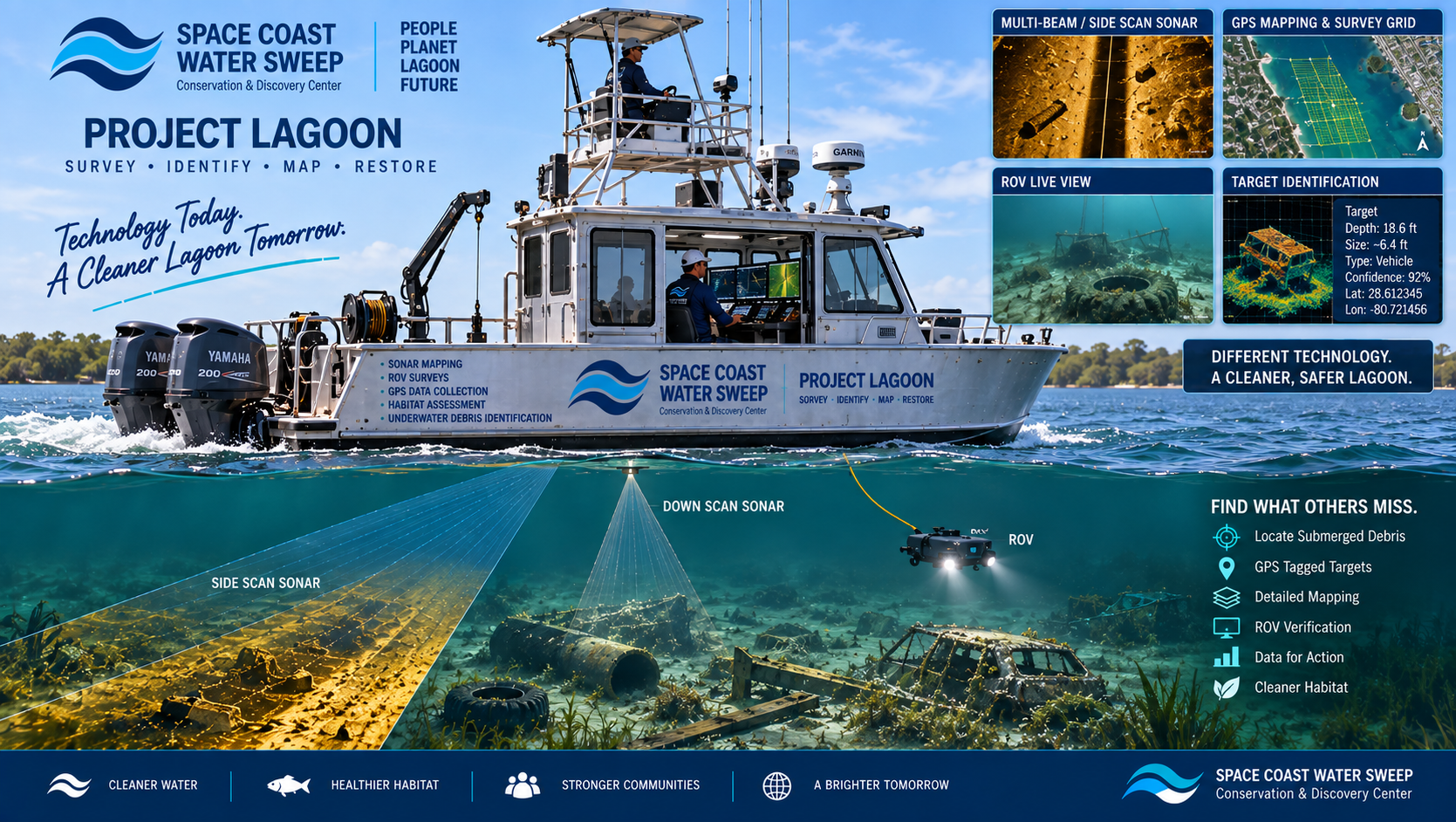 Conceptual Project Lagoon survey vessel operating a systematic search pattern with sonar displays, GPS mapping and field tablets while identifying submerged targets beneath the Indian River Lagoon.