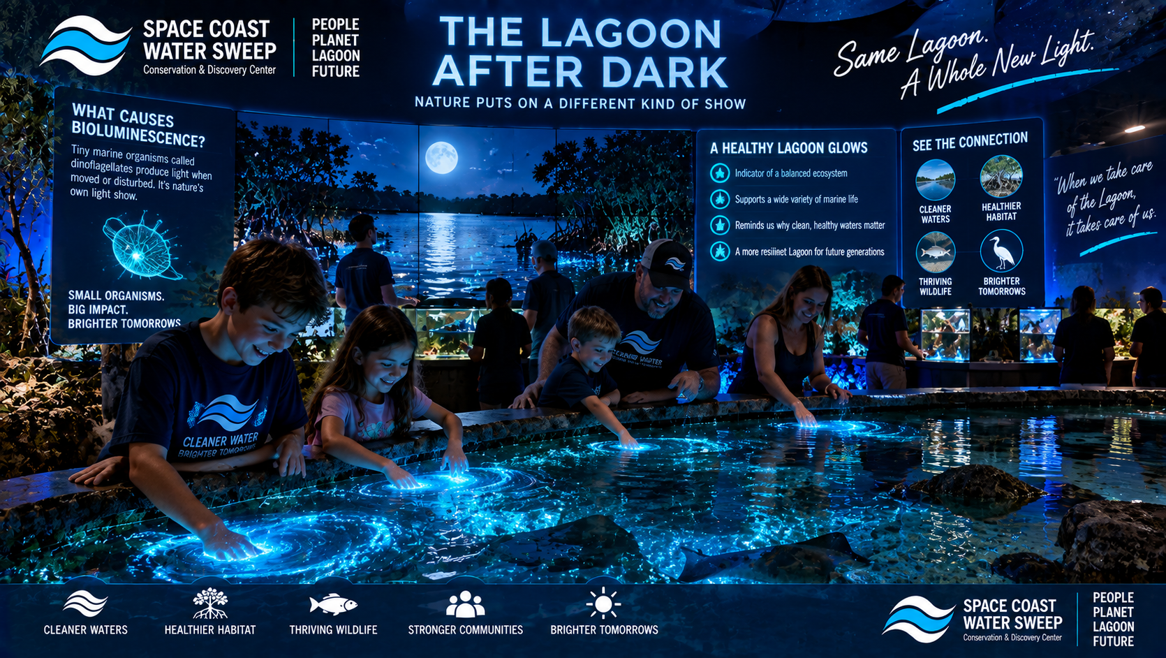 Dramatic conceptual indoor bioluminescence exhibit called The Lagoon After Dark, with visitors in a dark immersive space creating glowing blue-green trails in a controlled lagoon-style interactive water display.