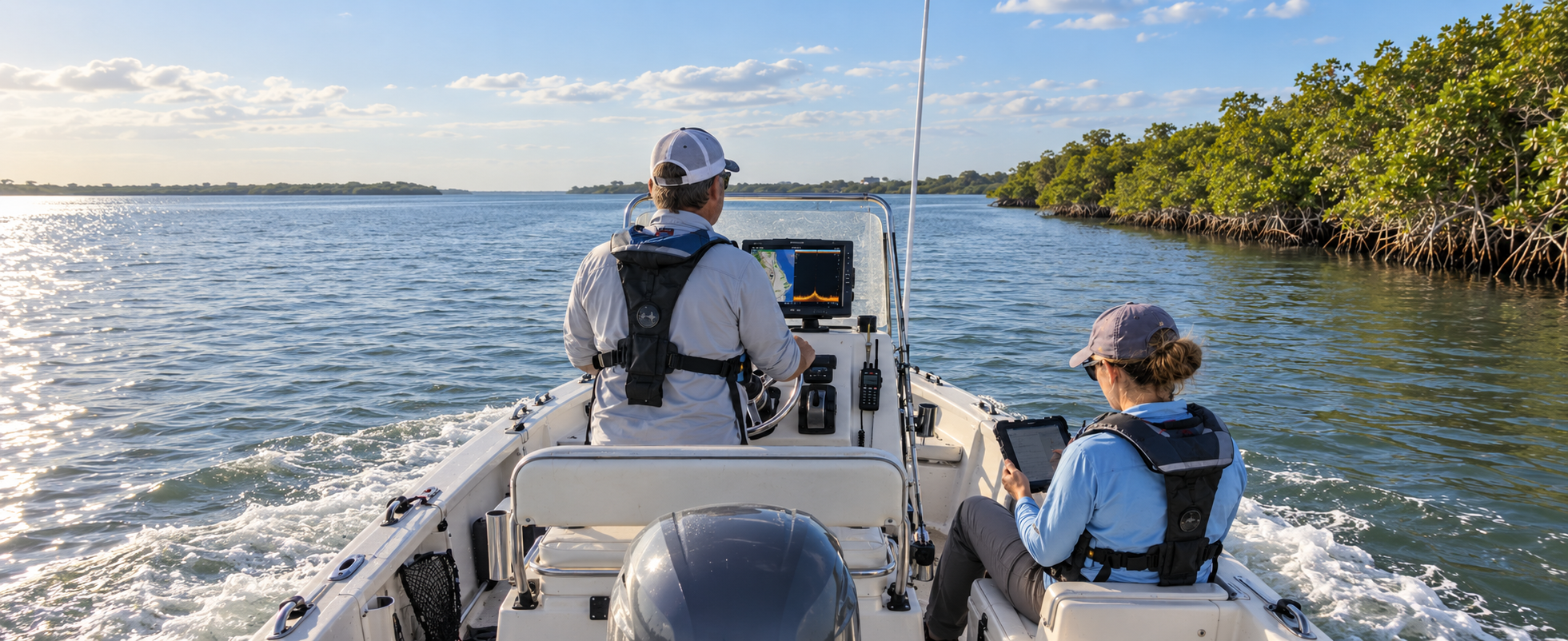 Wide action shot from the stern of a small open-center console survey boat moving through a calm mangrove-lined waterway in the Indian River Lagoon. Two crew members face forward: the driver in a white cap and grey long-sleeve shirt steers while watching a mounted GPS/sonar split-screen display, and the passenger in a blue cap reviews data on a ruggedized tablet. A handheld VHF radio is mounted on the console. The outboard motor occupies the foreground with a white wake trailing behind. Dense green mangrove thickets line the right shoreline with exposed root systems at the waterline. Warm late-afternoon golden-hour lighting. The waterway stretches into the distance under a clear sky with scattered clouds — a working field-research scene on the Lagoon.