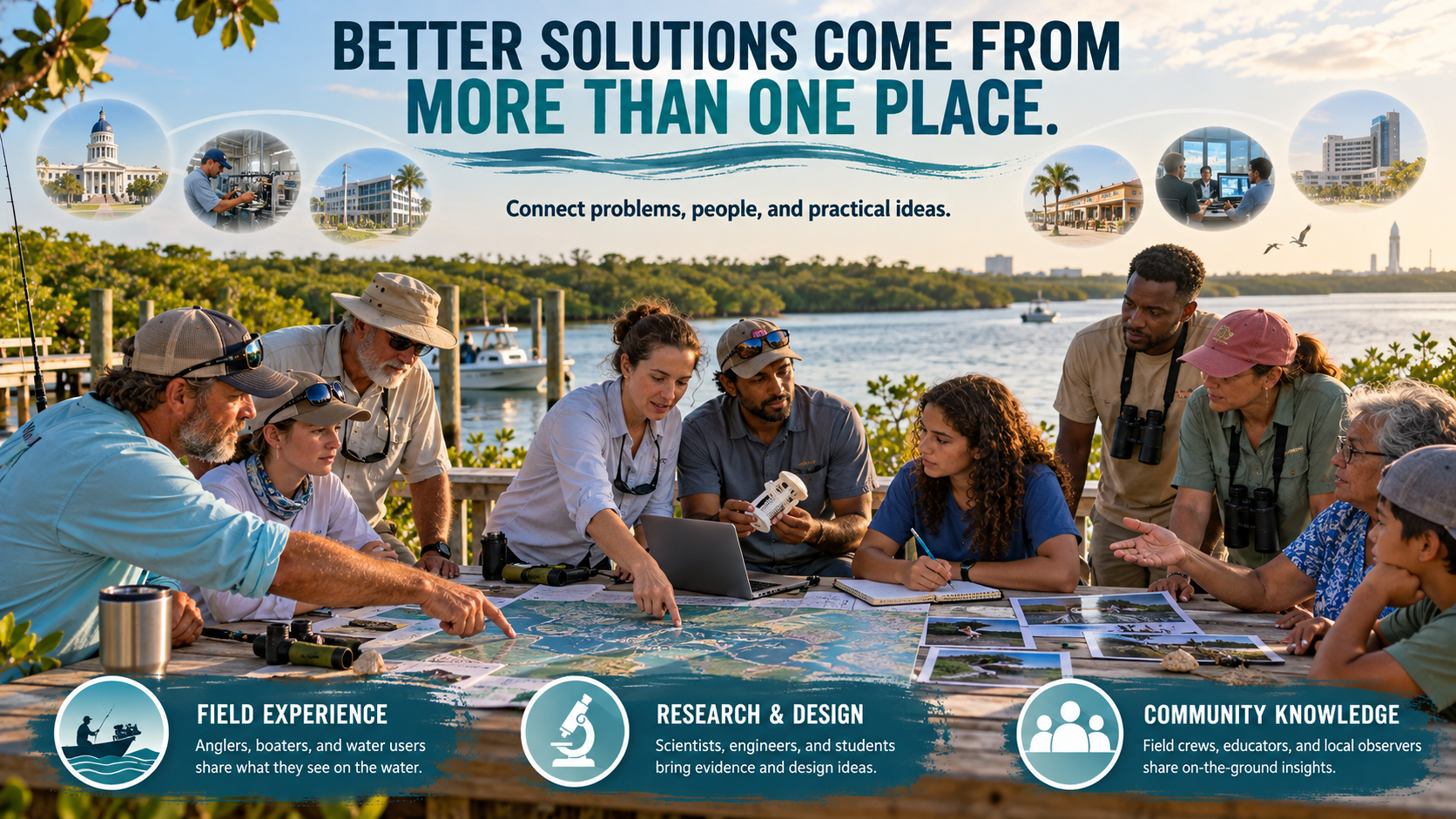 Better Solutions Come From More Than One Place infographic for Chapter 14. A bold dark-navy headline BETTER SOLUTIONS COME FROM MORE THAN ONE PLACE sits above the sub-headline Connect problems, people, and practical ideas, with an arc of six small circular cutouts floating behind the text — a domed government building, a man in a blue cap working on technical equipment, a modern office building, a suburban commercial strip center, people working in a conference room, and a large hospital or research facility. The center shows a diverse group of about nine people gathered around a weathered wooden table outdoors at a dock, reviewing a large map spread across the table — a woman in a white shirt and a man in a light blue shirt both point at the map while a man in the center holds a small white 3D-printed model, with a coastal estuary setting of water, mangroves, and a small boat in the distance. The bottom section sits on a dark-blue distressed brush-stroke background with three feature blocks: FIELD EXPERIENCE (angler in a boat — Anglers, boaters, and water users share what they see on the water), RESEARCH & DESIGN (microscope — Scientists, engineers, and students bring evidence and design ideas), and COMMUNITY KNOWLEDGE (three people — Field crews, educators, and local observers share on-the-ground insights).