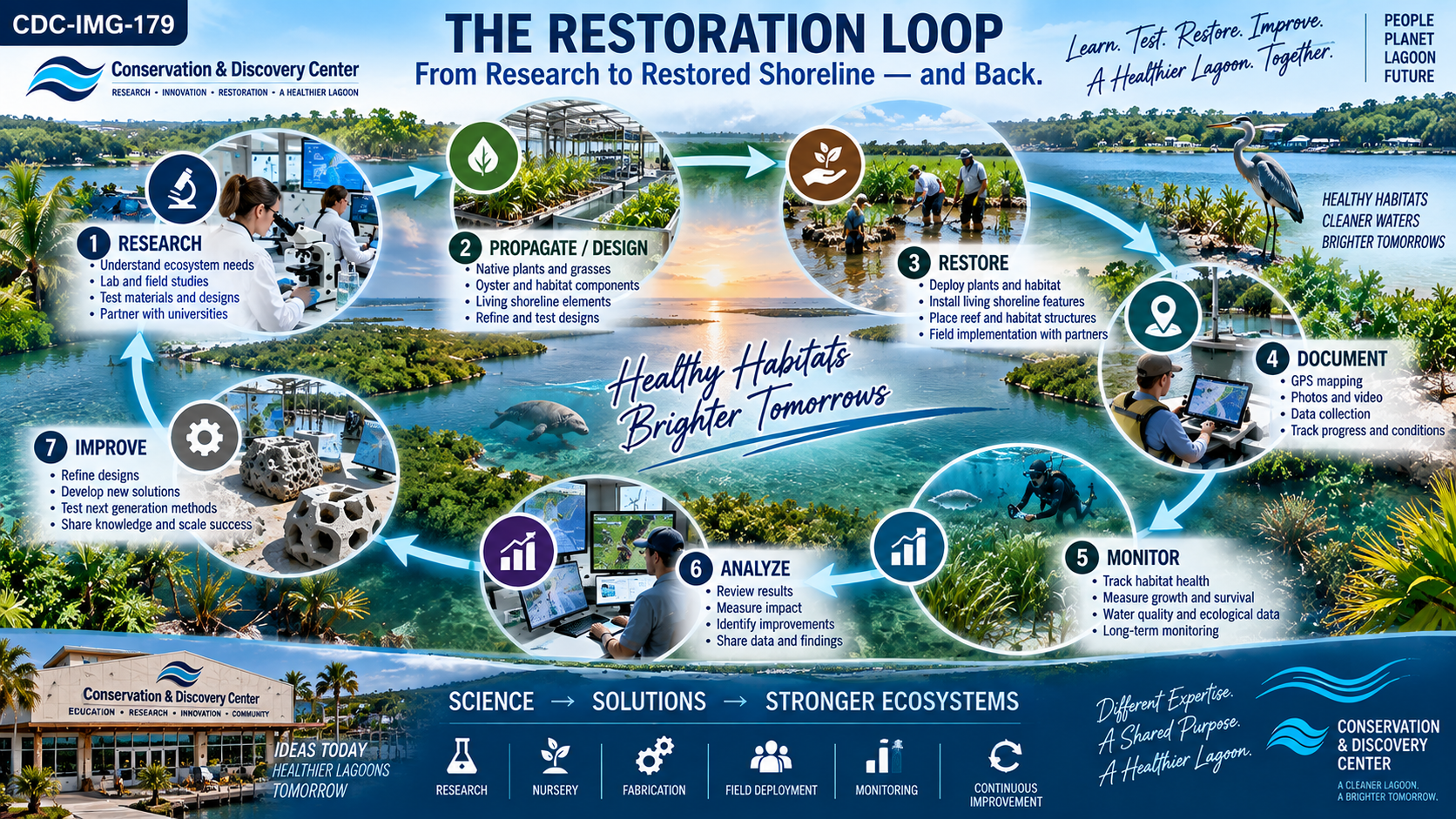 The Restoration Loop — a seven-stage circular infographic showing the continuous ecological restoration cycle at the Conservation & Discovery Center: 1) Research, 2) Propagate/Design, 3) Restore, 4) Document, 5) Monitor, 6) Analyze, 7) Improve. Center text: Healthy Habitats, Brighter Tomorrows.