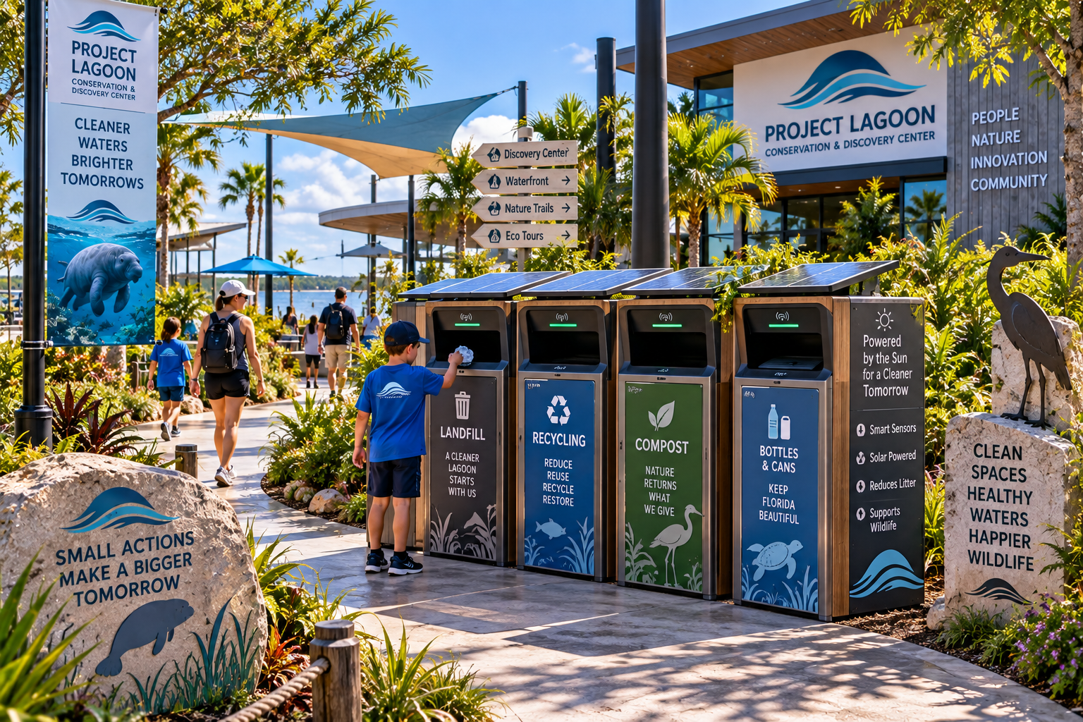 Attractive smart solar-powered waste and recycling stations integrated into the Conservation & Discovery Center landscape — four solar-topped bins (Landfill, Recycling, Compost, Bottles & Cans) with Florida-native-plant and Indian River Lagoon wildlife-inspired styling, stone signage, and a waterfront walkway.