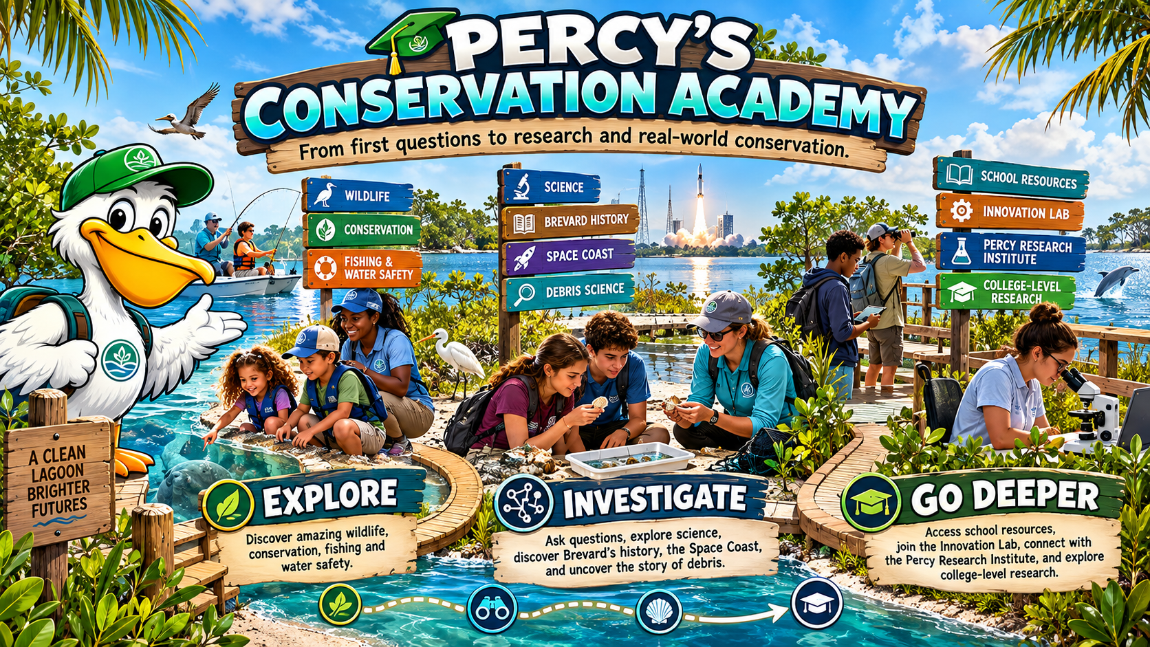 Percy's Conservation Academy hero banner. Large 3D light-blue-to-white gradient title PERCY'S CONSERVATION ACADEMY on a wooden board, topped by a green graduation cap with a sprout logo, with the subheading From first questions to research and real-world conservation. Percy the white pelican mascot in a green cap gestures toward the scene from the left. Children and adults gather by the water watching manatees beside a sign reading A CLEAN LAGOON BRIGHTER FUTURES with a wave icon; other students and instructors examine shells and debris in shallow trays. The background shows a fishing boat, a distant rocket launching across the water, people on a pier with binoculars, and a dolphin breaching. Two vertical wooden signs list categories — left sign: SCIENCE, BREVARD HISTORY, SPACE COAST, DEBRIS SCIENCE; right sign: SCHOOL RESOURCES, INNOVATION LAB, PERCY RESEARCH INSTITUTE, COLLEGE-LEVEL RESEARCH. Three horizontal wood-plank action buttons run across the bottom: EXPLORE (green leaf, Discover amazing wildlife, conservation, fishing and water safety), INVESTIGATE (blue molecular icon, Ask questions, explore science, discover Brevard's history, the Space Coast, and uncover the story of debris), and GO DEEPER (green graduation cap, Access school resources, join the Innovation Lab, connect with the Percy Research Institute, and explore college-level research). A dashed progress path at the very bottom connects four circular icons — Leaf, Binoculars, Seashell, and Graduation Cap — with an arrow pointing right.