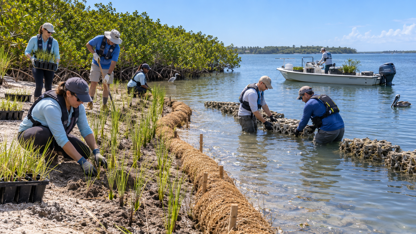 Team of volunteers and researchers planting shoreline vegetation and installing modular oyster reef units along a mangrove-lined estuary, with coir logs staked into the shoreline and a work boat anchored nearby