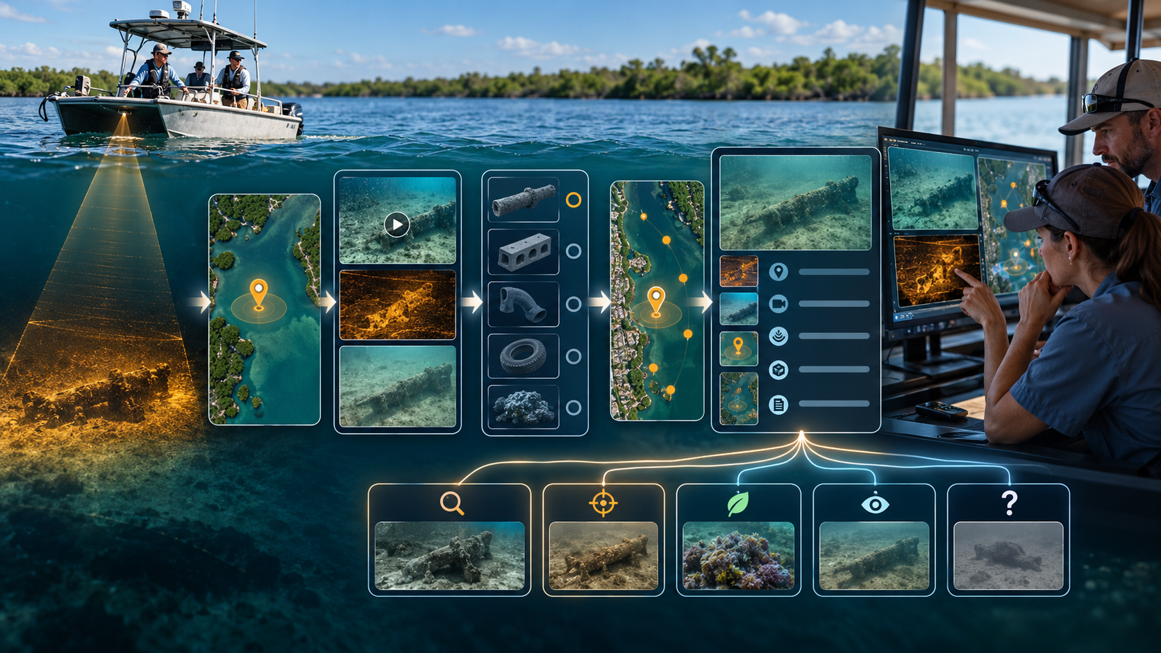 Underwater survey-to-analysis workflow infographic — a boat projecting an orange sonar beam onto a seabed object flows into a five-stage processing pipeline: a coastal satellite map with a location pin, a stacked video/sonar/seabed view, a selectable list of object types (cannon, concrete block, pipe, tire, coral), a detailed target map with orange dots, and an analysis interface with preview, icon column, and data bars. Two researchers in a boat cabin review the processed results on dual monitors. Five category cards at the bottom — search, target, habitat, observation, and unknown — link back to the analysis UI. Illustrates how sonar detections become categorized, mapped, and reviewed before any recovery decision.