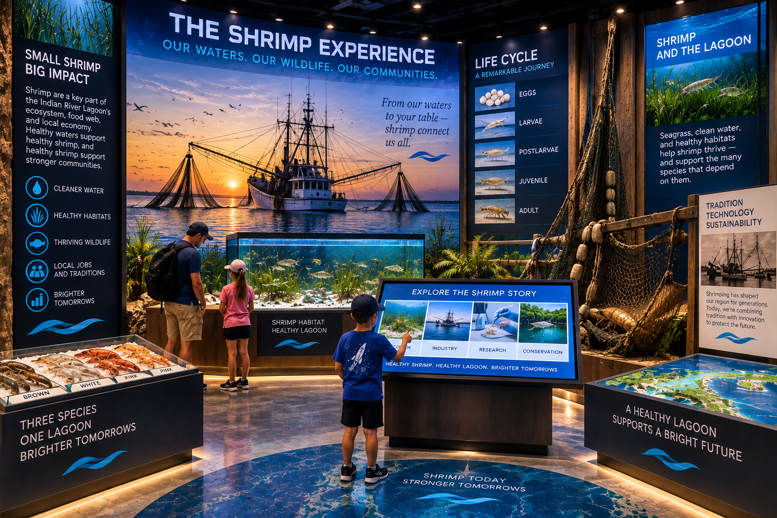 Fun but scientifically grounded interactive shrimp exhibit showing shrimp movement and life cycle, with visitors participating in a simulated digital dip-net or cast-net experience.