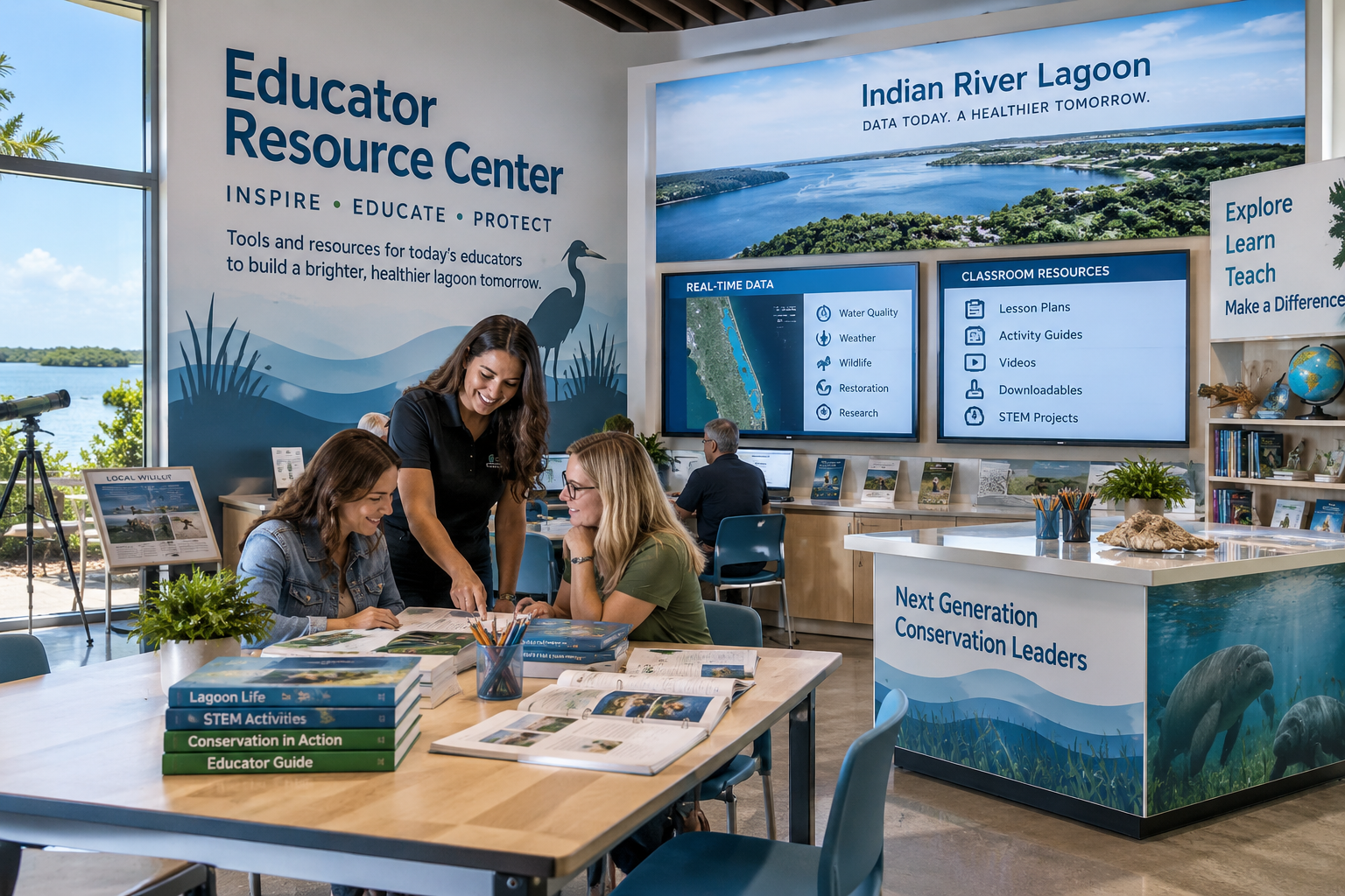 Conceptual educator resource center showing teachers preparing for Conservation & Discovery Center field experiences using digital lessons, activity guides, Lagoon data and Percy's Conservation Academy resources.
