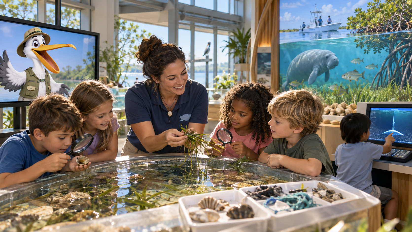 Students of different ages learning around an interactive marine exhibit — a woman in a navy polo shirt shows seagrass to four children at a circular water table while a pelican conservation character displays on a screen and a sonar mapping station is visible in the background