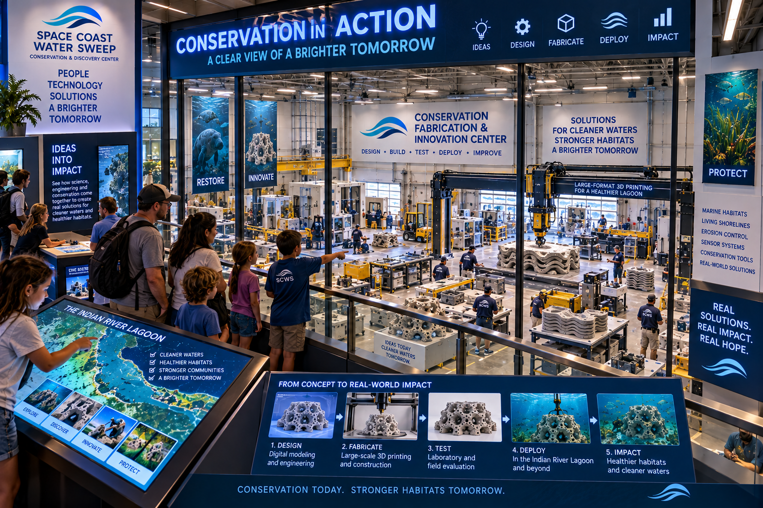 Conservation in Action exhibition hall titled 'A Clear View of a Brighter Tomorrow' showing an elevated gallery view of the Conservation Fabrication & Innovation Center, a foreground interactive kiosk, and right-wall graphics.
