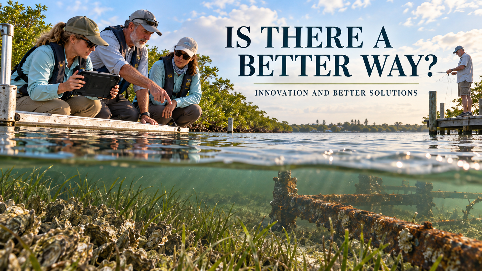 Split-level photograph for Chapter 14, Innovation and Better Solutions. Above the waterline, three researchers in light blue shirts, tan pants, life vests, and hats kneel on a wooden dock — the center man points toward the water while the woman on the left holds a tablet; a person fly-fishes from a separate dock in the background. Below the waterline, the underwater view reveals an oyster reef bed with green seagrass and a submerged rusted metal frame covered in barnacles. Overlaid in the upper-right quadrant: a bold serif headline IS THERE A BETTER WAY? in dark navy, a muted olive horizontal rule, and a tracked-out sans-serif subheadline INNOVATION AND BETTER SOLUTIONS in dark navy. Warm late-afternoon golden-hour light.