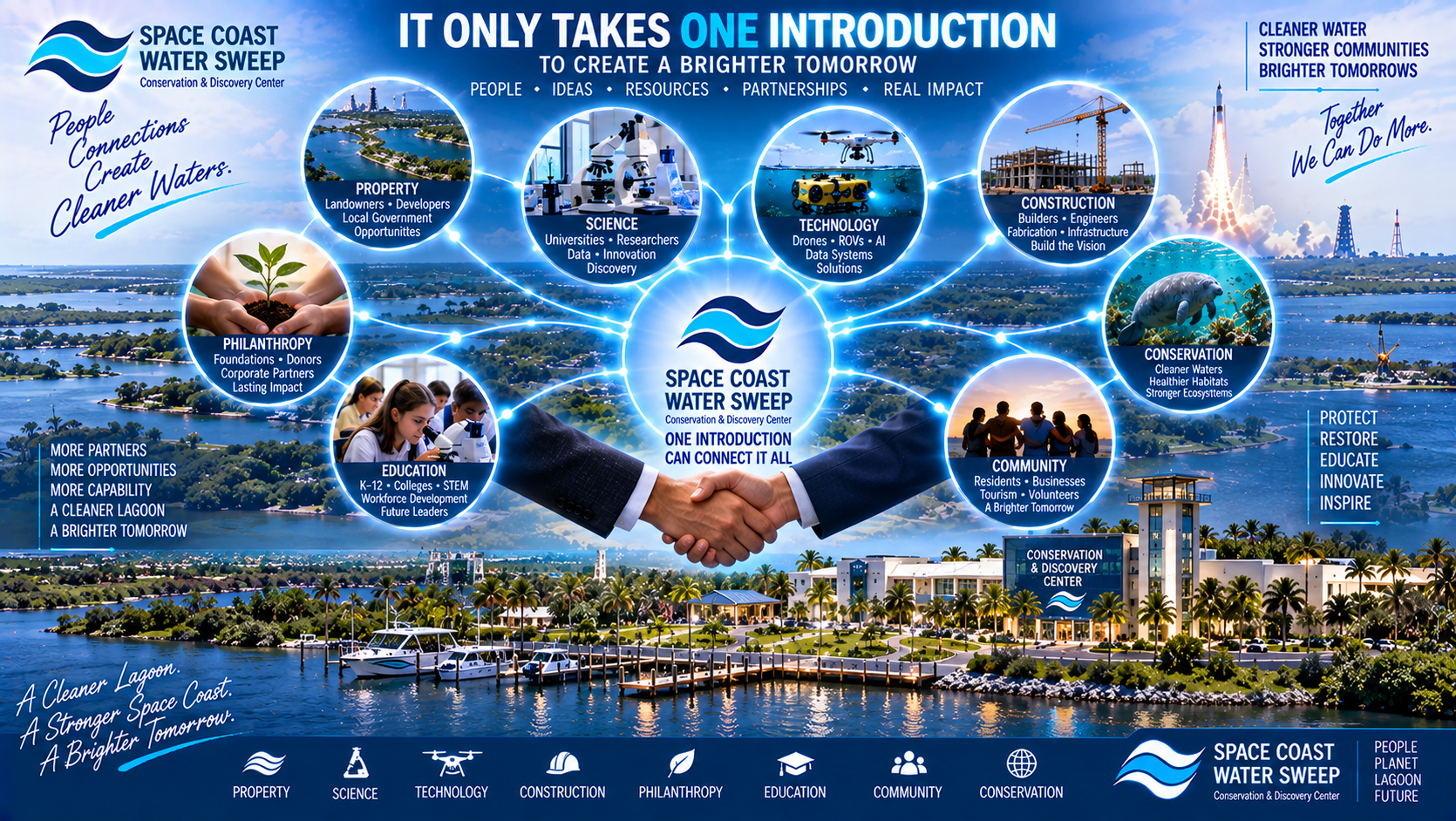 Conceptual network visualization showing one introduction connecting Space Coast Water Sweep to property, science, technology, construction, philanthropy, education and conservation opportunities.