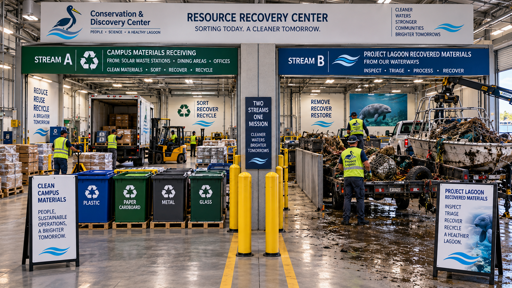 Resource Recovery Center — Two Separate Controlled Receiving Streams at the Conservation & Discovery Center. Stream A (left, dark green header): Campus Materials Receiving from solar waste stations, dining areas and offices — a truck being unloaded, yellow forklift, palletized boxes, and four labeled recycling bins (Plastic, Paper/Cardboard, Metal, Glass). Stream B (right, dark navy header): Project Lagoon Recovered Materials from waterways — workers in high-visibility vests unloading a trailer of nets, ropes and detritus, with a manatee wall mural and 'Remove Recover Restore' signage. A central navy plaque reads 'Two Streams, One Mission' flanked by yellow bollards, with 'Sorting Today. A Cleaner Tomorrow.' as the mission statement.