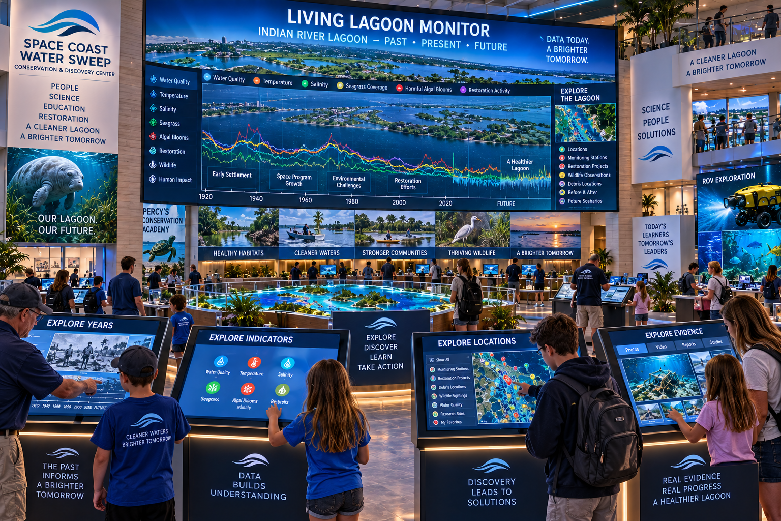 Living Lagoon Monitor exhibition hall poster titled 'Living Lagoon Monitor — Indian River Lagoon, Past ♦ Present ♦ Future' showing a curved digital wall with a panoramic lagoon aerial and trend graph (1920–Future), a legend of indicators (Water Quality, Temperature, Salinity, Seagrass, Algal Blooms, Restoration, Wildlife, Human Impact), an 'Explore the Lagoon' sidebar (Locations, Monitoring Stations, Restoration Projects, Wildlife Observations, Debris Locations, Before & After, Future Scenarios), five thematic panels (Healthy Habitats, Cleaner Waters, Stronger Communities, Thriving Wildlife, A Brighter Tomorrow), and four interactive touch-screen kiosks — Explore Years, Explore Indicators, Explore Locations, Explore Evidence — flanked by side signage with a manatee image and an ROV Exploration screen.