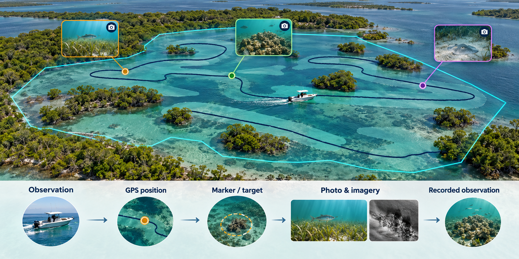 Turning a discovery into a location: Detection → GPS location → Image/sonar/observation data → Marker/target → Mapped record. Shows that a useful observation needs context — location, date/time, observation type, imagery, survey context. Visitor-facing, no backend database fields.