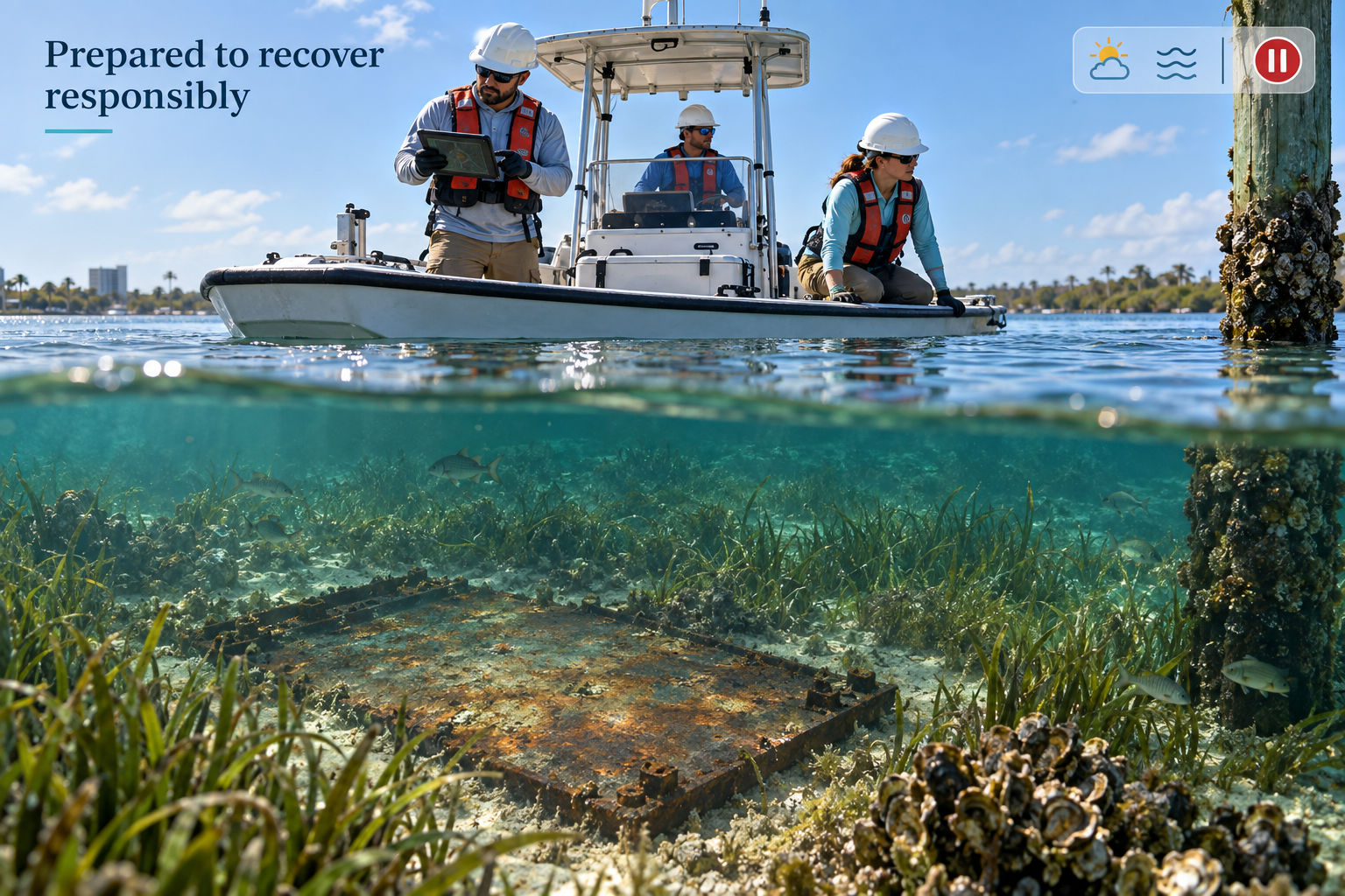 Split-level view of the same conceptual target at the moment of controlled recovery. Top half: a white center-console work boat in clear shallow water with three crew members wearing white helmets and orange life vests — one holding a tablet for documentation, one at the helm, one observing the water. Bottom half: the submerged rusty rectangular metal frame target sits on the sandy vegetated bottom surrounded by seagrass, oysters, and fish, undisturbed. A semi-transparent control overlay shows weather conditions, water/current conditions, and a pause control — signaling assessment and deliberate preparation before action. The recovery appears controlled, deliberate, safe, environmentally conscious, and appropriate for the object. No dramatic action imagery, no divers, no indiscriminate dragging across the bottom, no yanking an object free. Flow: TARGET → CONTROLLED RECOVERY → SECURED → ABOARD.