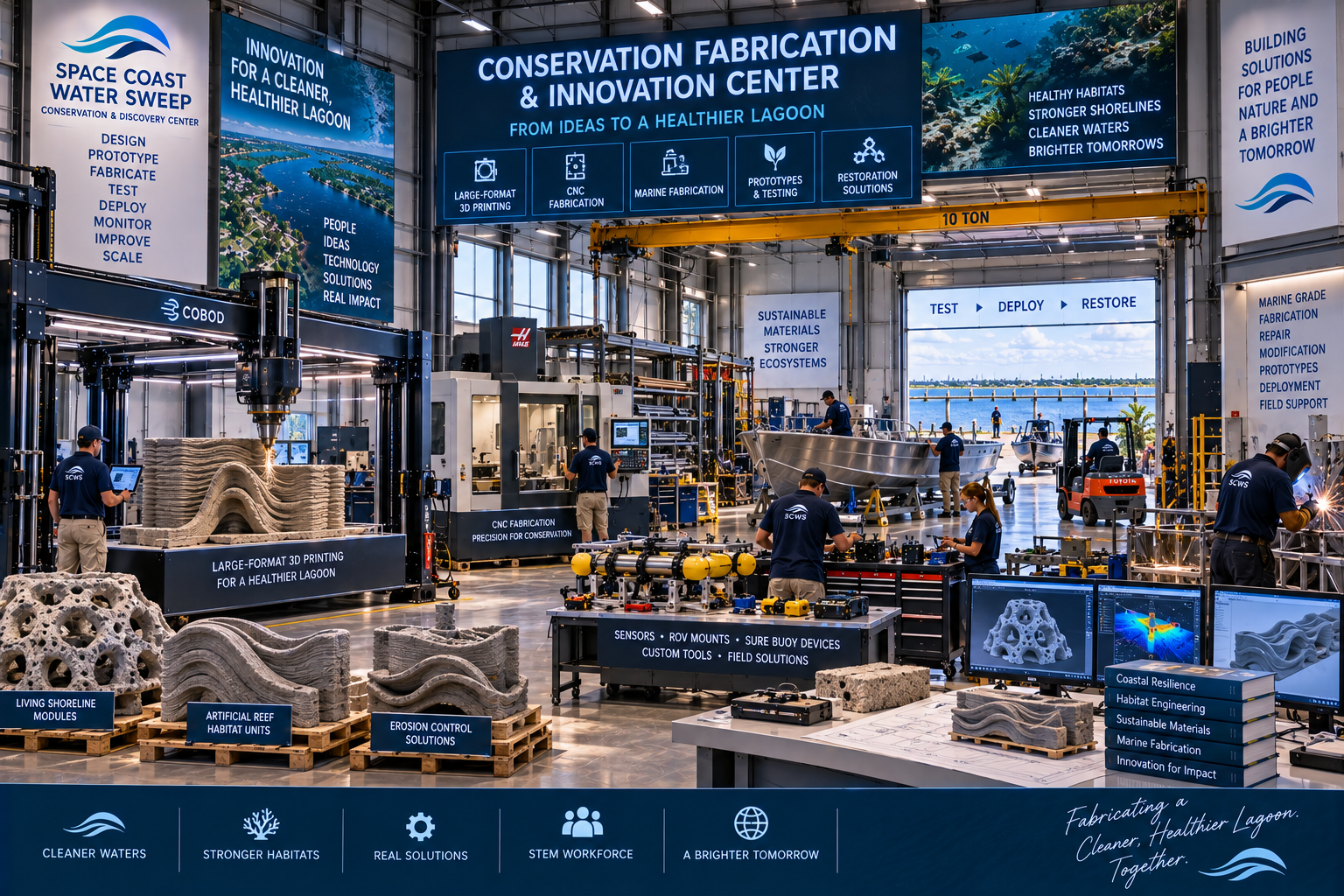 Conservation Fabrication & Innovation Center exhibition hall poster titled 'From Ideas to a Healthier Lagoon' showing a high-bay industrial hangar with a 10-ton overhead crane and five capability icons, workstations, and a footer of outcomes.