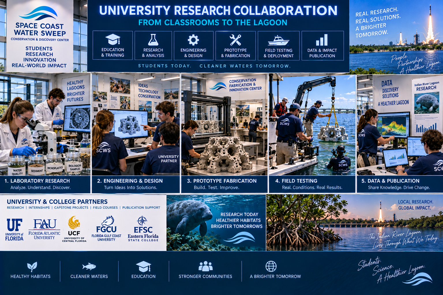 University Research Collaboration exhibition wall titled 'From Classrooms to the Lagoon' showing a six-icon process bar, a five-panel process grid, a University & College Partners block, and a footer of outcomes.