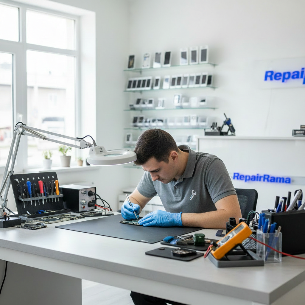 Professional technician repairing iPhone screen at RepairRama Bronx NY repair shop