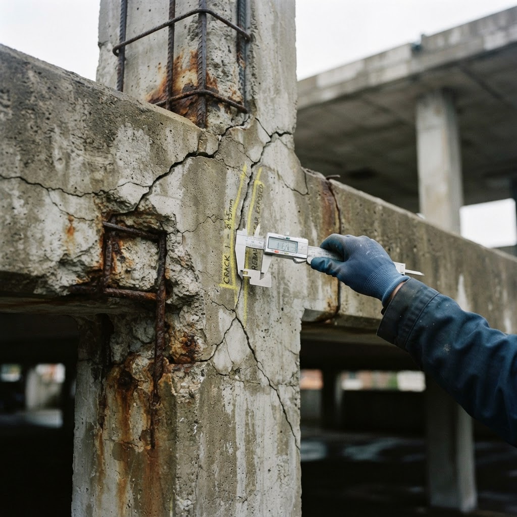 Inspeção técnica de estrutura de concreto armado com análise de trincas