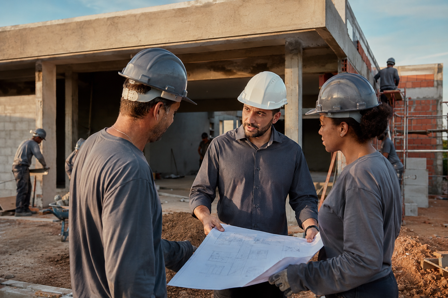 Engenheiro acompanhando equipe durante a execução de uma obra