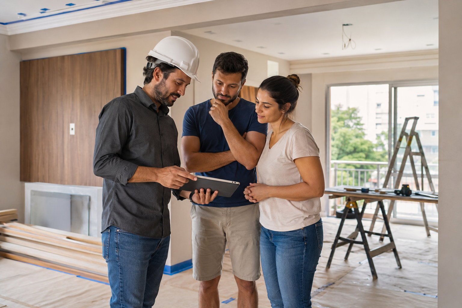 Engenheiro orientando clientes durante uma reforma residencial
