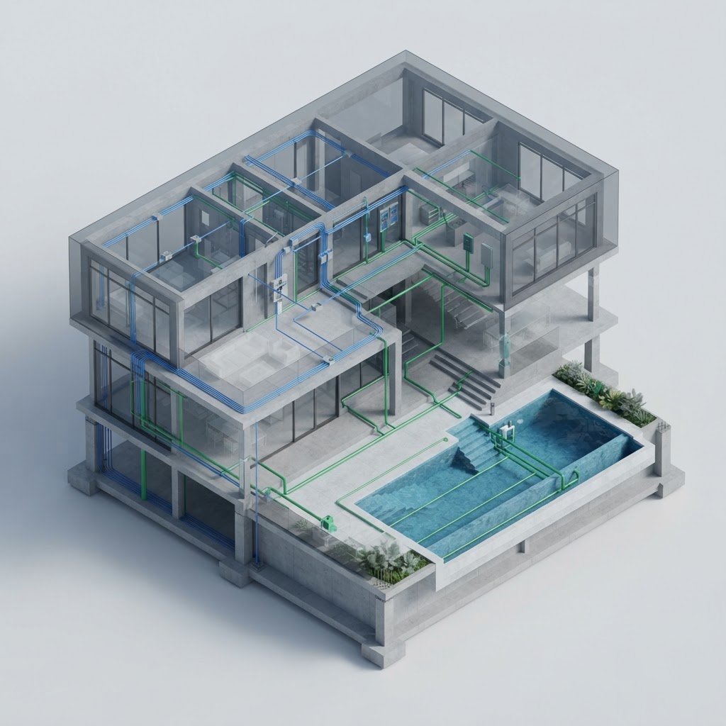 Modelagem BIM de compatibilização em casa de alto padrão com piscina