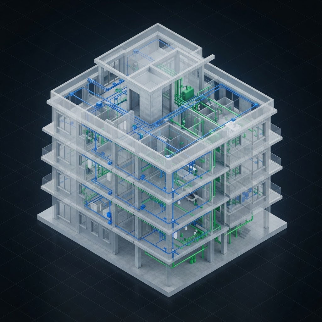 Modelo 3D BIM com compatibilização entre estrutura, elétrica e hidráulica
