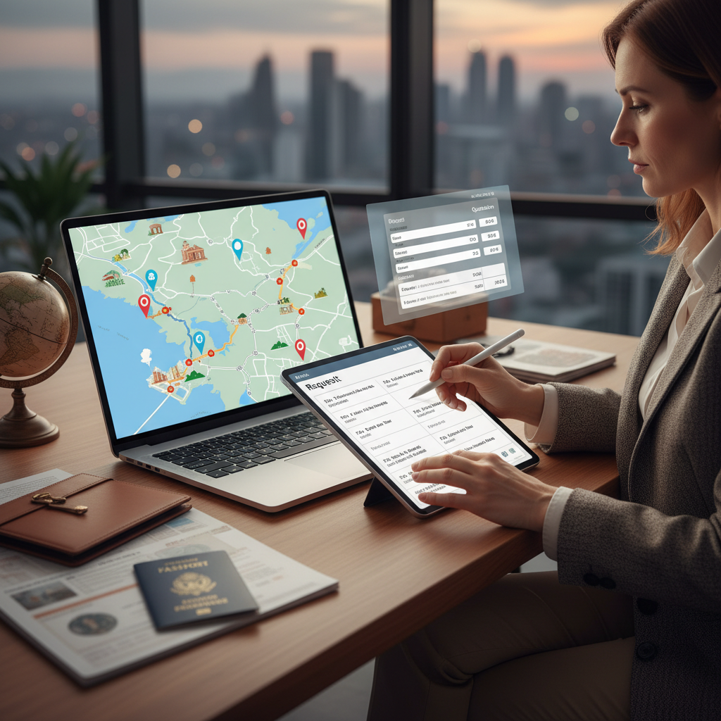 Agente de viajes revisando solicitudes, mapa y propuesta de viaje en portátil y tablet