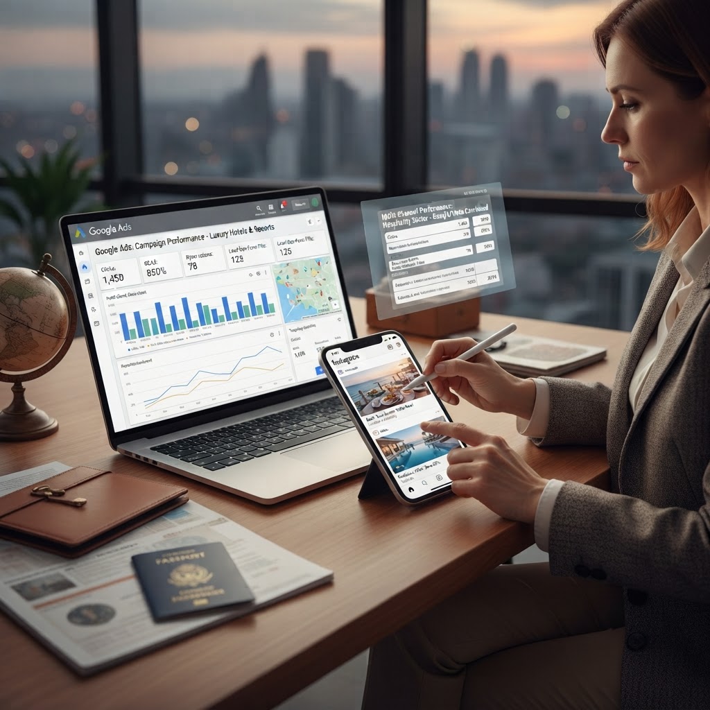 Profesional trabajando campañas de Google Ads y Meta Ads desde portátil y móvil en un entorno real