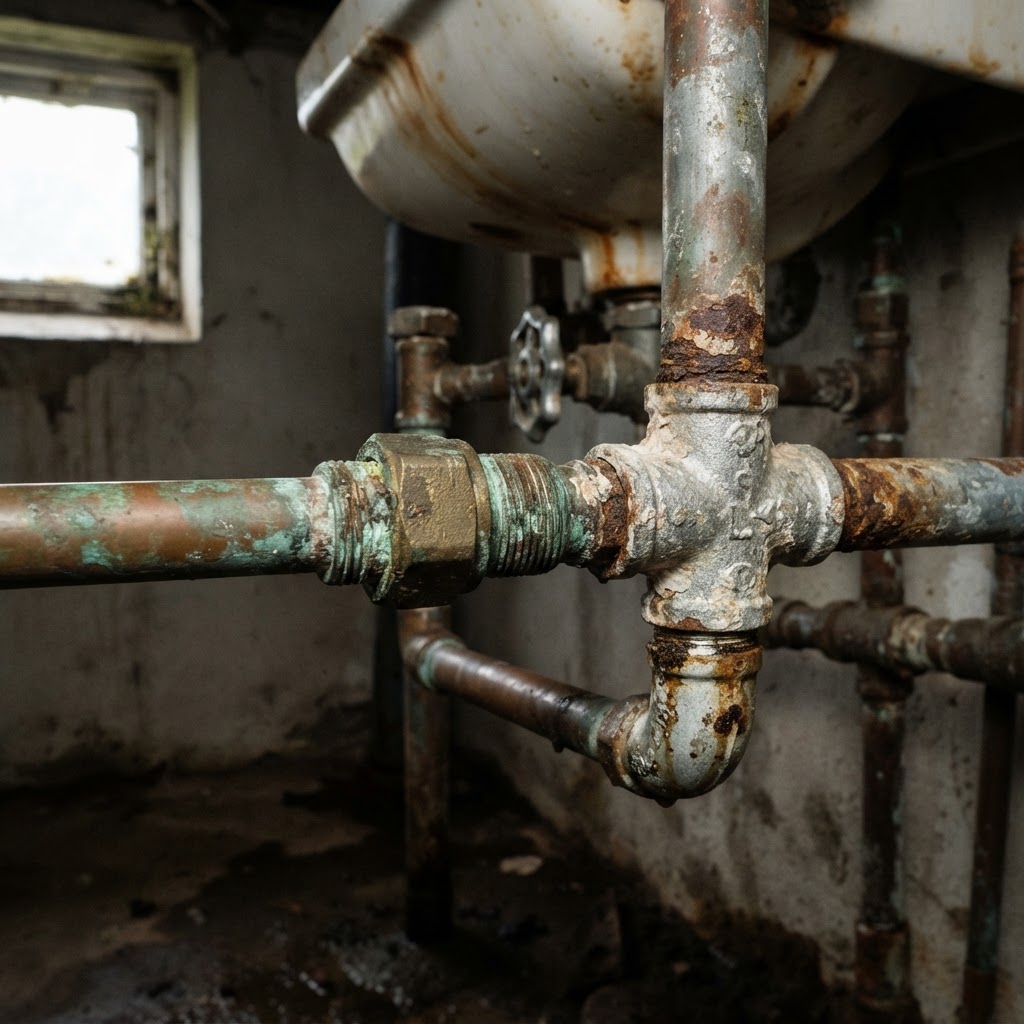 Worn corroded plumbing fixtures and fittings