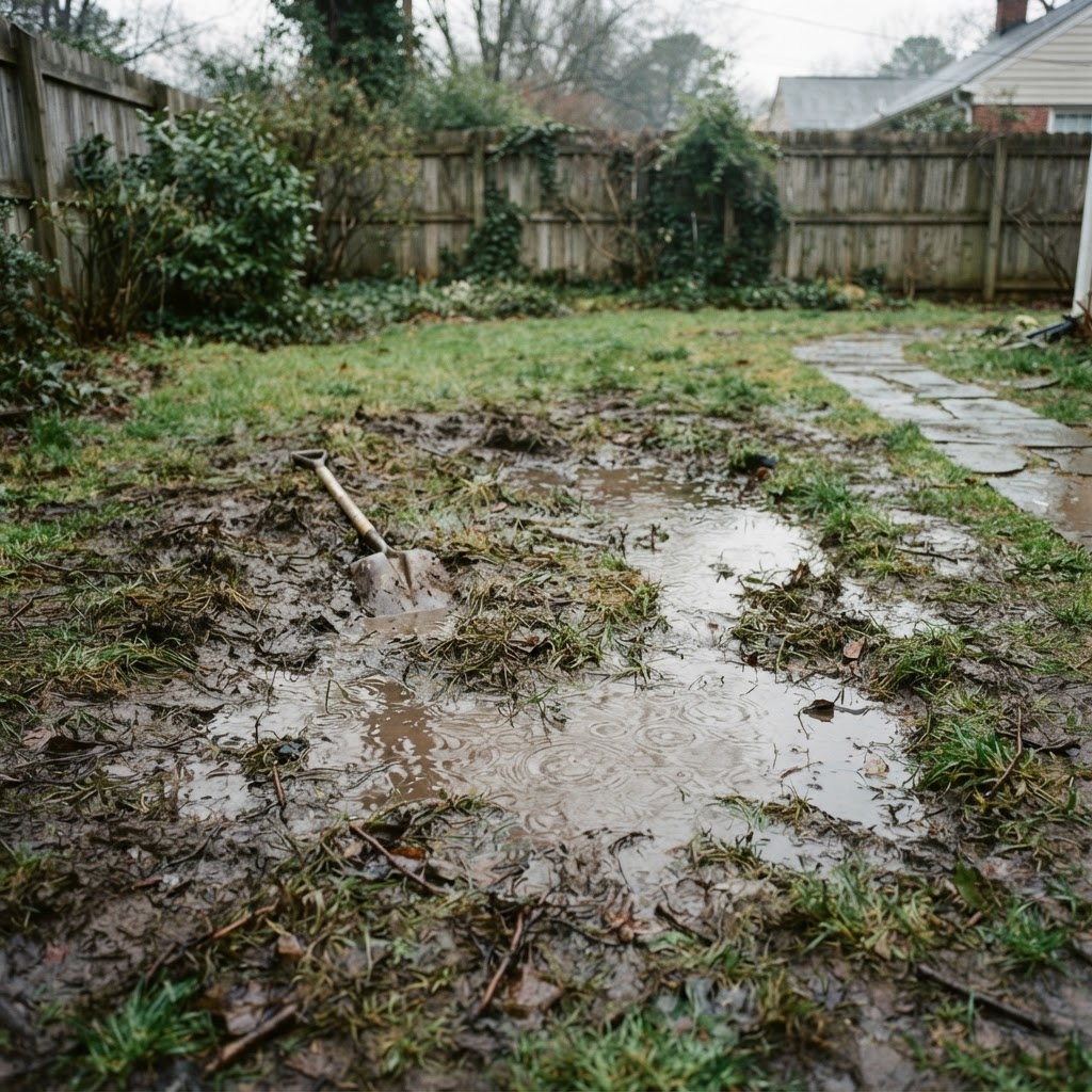 Wet soggy sunken patch of ground in a backyard