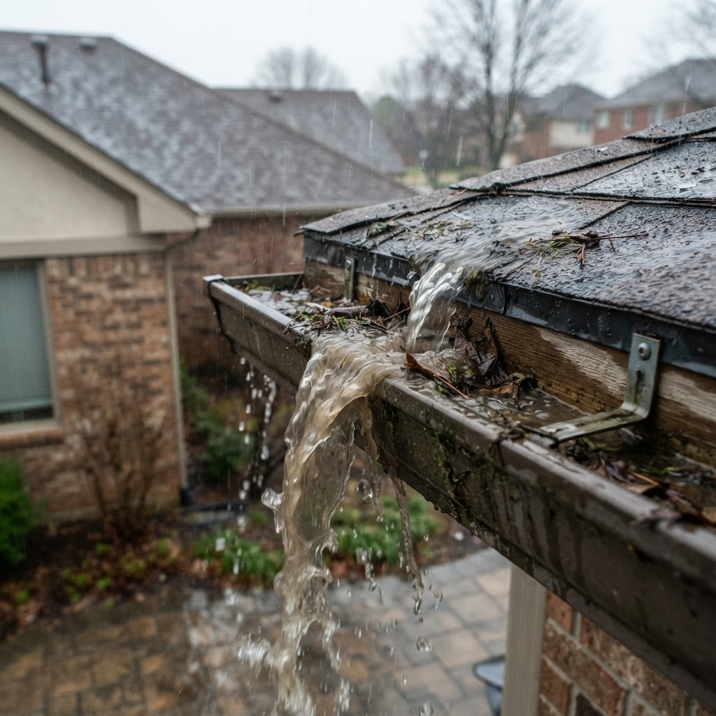 Gutter overflowing with water during rain